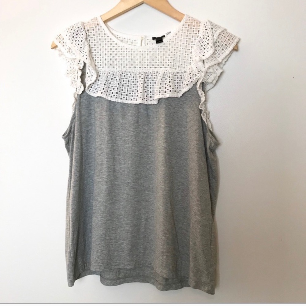 J Crew Gray and White Lace Trim Top